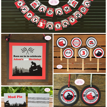 ATV Off Road Birthday Party Package Red Boy Girl Racing Quad All Terrain Vehicle Checkered Flag Black Boogie Bear Invitations Adam Theme