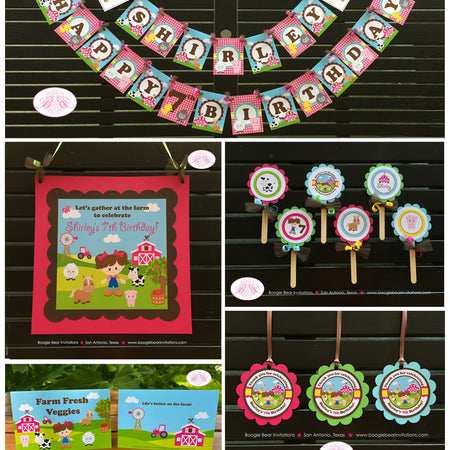 Pink Farm Animals Birthday Party Package Petting Zoo Barn Girl Horse Cow Pig Sheep Chick Lamb Country Boogie Bear Invitations Shirley Theme