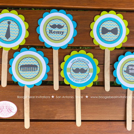 Little Man Baby Shower Cupcake Toppers Party Turquoise Teal Blue Lime Green Boy Little Man Mustache Bash Boogie Bear Invitations Remy Theme