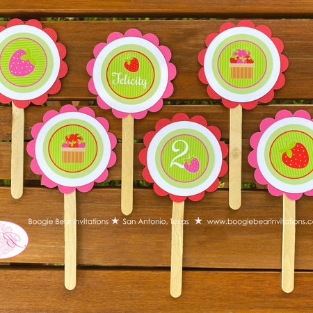 Pink Strawberry Birthday Party Cupcake Toppers Girl Garden Green Picking Red Berry Vine Sweet Picnic Boogie Bear Invitations Felicity Theme