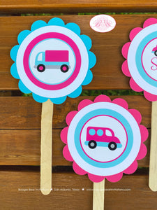 Pink Cars Trucks Party Cupcake Toppers Birthday Girl Aqua Blue Black Little Traffic Road Trip Vacation Boogie Bear Invitations Sally Theme