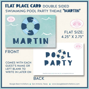 Swimming Pool Birthday Party Favor Card Appetizer Food Place Sign Label Splash Bash Swim Blue Boy Girl Boogie Bear Invitations Martin Theme