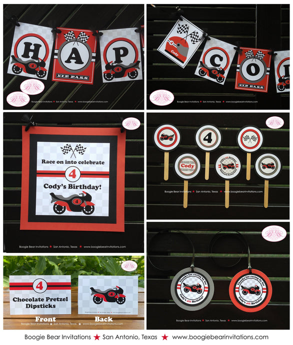 Motorcycle Red Birthday Party Package Boy Girl Motocross Grand Prix Black Grey Pass Race Racing Track Kid Boogie Bear Invitations Cody Theme