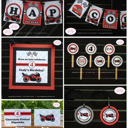 Motorcycle Red Birthday Party Package Boy Girl Motocross Grand Prix Black Grey Pass Race Racing Track Kid Boogie Bear Invitations Cody Theme