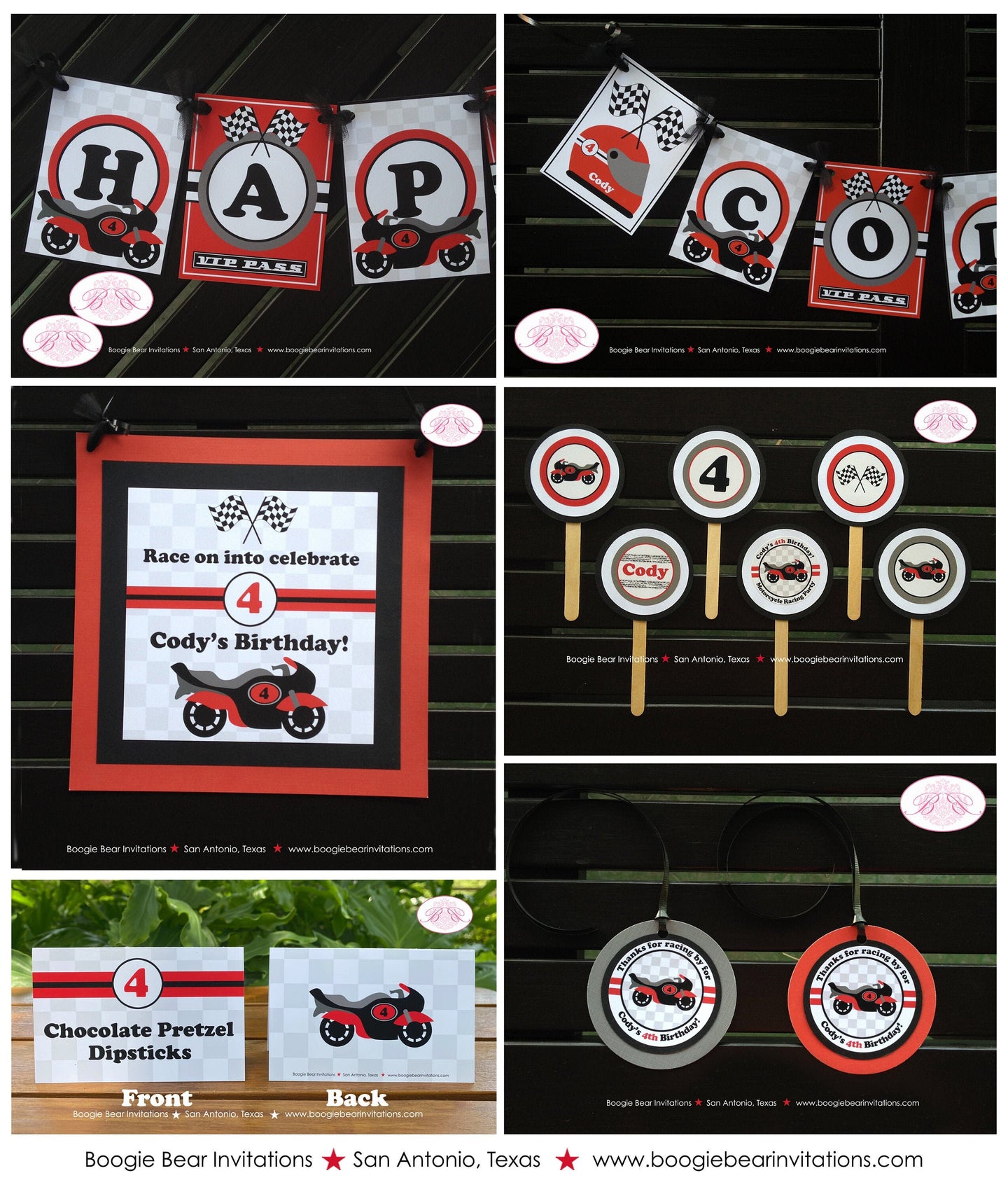 Motorcycle Red Birthday Party Package Boy Girl Motocross Grand Prix Black Grey Pass Race Racing Track Kid Boogie Bear Invitations Cody Theme