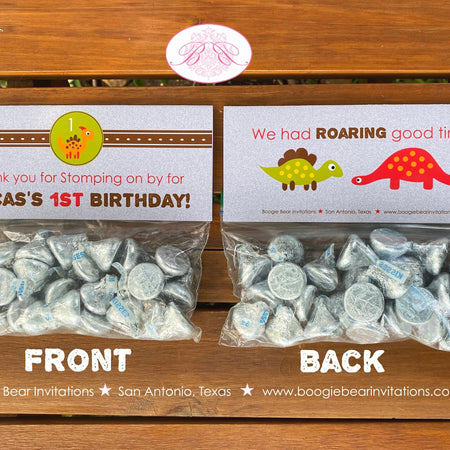 Dinosaur Birthday Party Treat Bag Toppers Folded Favor Boy Girl Retro Dino Stomp Roar Red Green Brown Boogie Bear Invitations Lucas Theme