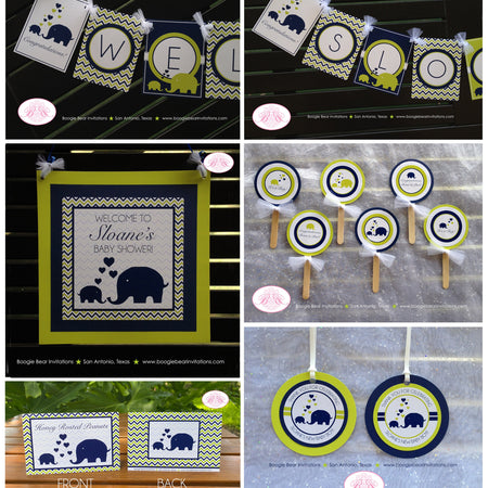 Blue Elephant Baby Shower Package Lime Green Navy Little Boy Girl Zoo Wild Chevron Safari Animals 1st Boogie Bear Invitations Sloane Theme