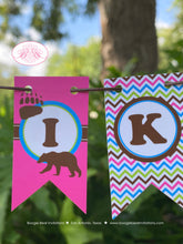 Load image into Gallery viewer, Grizzly Bear Party Pennant Cake Banner Topper Birthday Pink Forest Chevron Blue Green Girl Paw Trail Wild Boogie Bear Invitations Nika Theme