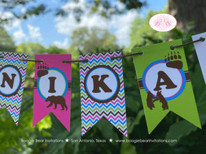 Grizzly Bear Party Pennant Cake Banner Topper Birthday Pink Forest Chevron Blue Green Girl Paw Trail Wild Boogie Bear Invitations Nika Theme