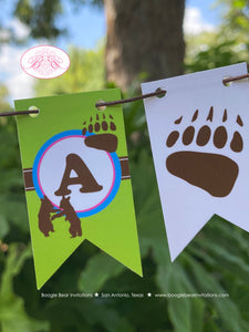 Grizzly Bear Party Pennant Cake Banner Topper Birthday Pink Forest Chevron Blue Green Girl Paw Trail Wild Boogie Bear Invitations Nika Theme