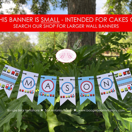 Modern Train Party Pennant Cake Banner Topper Birthday Boy Red Blue Black Choo Choo Railroad Crossing Boogie Bear Invitations Mason Theme