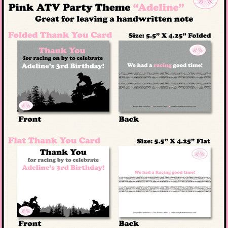 ATV Birthday Party Thank You Card Birthday Note Girl Pink All Terrain Vehicle Quad 4 Wheeler Boogie Bear Invitations Adeline Theme Printed