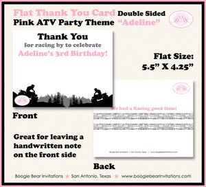 ATV Birthday Party Thank You Card Birthday Note Girl Pink All Terrain Vehicle Quad 4 Wheeler Boogie Bear Invitations Adeline Theme Printed