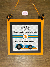 Load image into Gallery viewer, Race Car Birthday Party Door Banner Driver Red Pit Crew Checkered Flag Orange Black Racing Grand Prix Boogie Bear Invitations Nathan Theme
