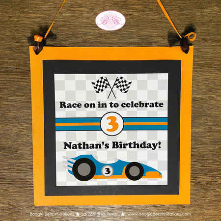 Race Car Birthday Party Door Banner Driver Red Pit Crew Checkered Flag Orange Black Racing Grand Prix Boogie Bear Invitations Nathan Theme