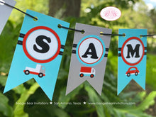 Load image into Gallery viewer, Cars Trucks Party Pennant Cake Banner Topper Birthday Girl Boy Road Trip Traffic Street Stop Light Travel Boogie Bear Invitations Sam Theme
