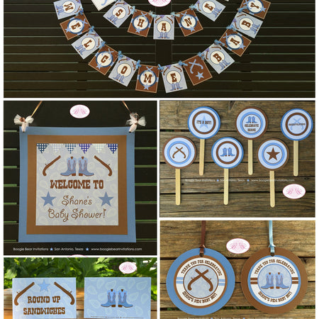 Blue Cowboy Baby Shower Party Package Boy Gunslinger Boots Lone Star Pistol Gun Paisley Boy Birthday Tag Boogie Bear Invitations Shane Theme