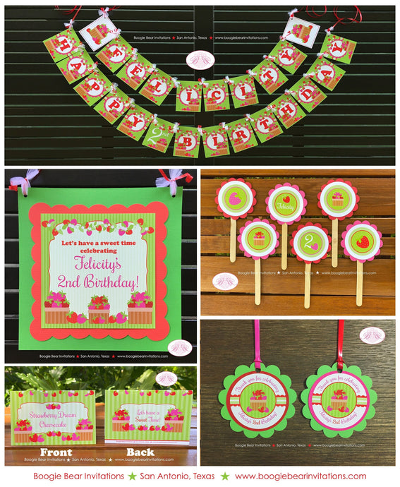 Sweet Strawberry Birthday Party Package Pink Red Girl Stripe Berry Summer Vine Crate Picking Picnic Boogie Bear Invitations Felicity Theme