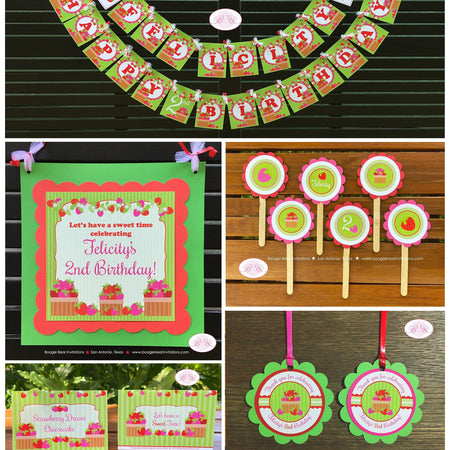 Sweet Strawberry Birthday Party Package Pink Red Girl Stripe Berry Summer Vine Crate Picking Picnic Boogie Bear Invitations Felicity Theme