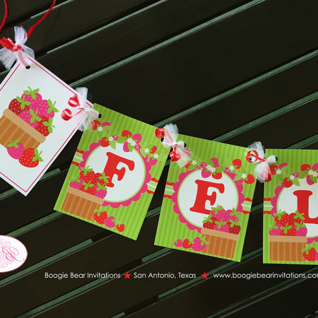 Pink Strawberry Party Name Banner Birthday Red White Green Sweet Girl Stripe Berry Summer Fruit Crate Boogie Bear Invitations Felicity Theme