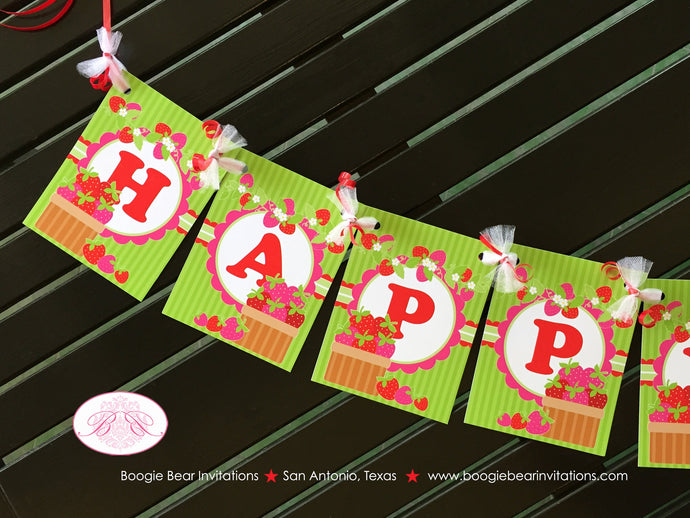 Pink Strawberry Happy Birthday Party Banner Red White Green Sweet Girl Fruit Strawberries Picking Pie Boogie Bear Invitations Felicity Theme