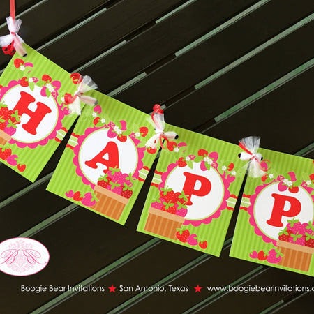 Pink Strawberry Happy Birthday Party Banner Red White Green Sweet Girl Fruit Strawberries Picking Pie Boogie Bear Invitations Felicity Theme
