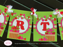 Load image into Gallery viewer, Pink Strawberry Happy Birthday Party Banner Red White Green Sweet Girl Fruit Strawberries Picking Pie Boogie Bear Invitations Felicity Theme