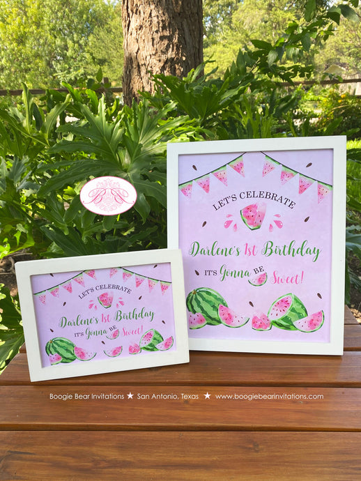 Pink Watermelon Birthday Party Sign Poster Girl One In a Melon Two Sweet Green Summer Kids Picnic Bite Boogie Bear Invitations Darlene Theme
