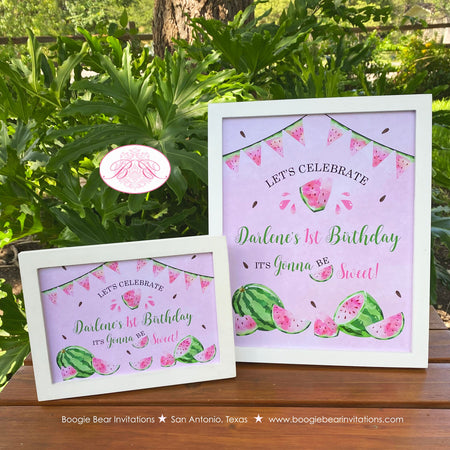 Pink Watermelon Birthday Party Sign Poster Girl One In a Melon Two Sweet Green Summer Kids Picnic Bite Boogie Bear Invitations Darlene Theme