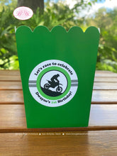 Load image into Gallery viewer, Green Dirt Bike Party Popcorn Boxes Mini Food Buffet Birthday Silver Black Racing Motocross Race Enduro Boogie Bear Invitations Dwayne Theme