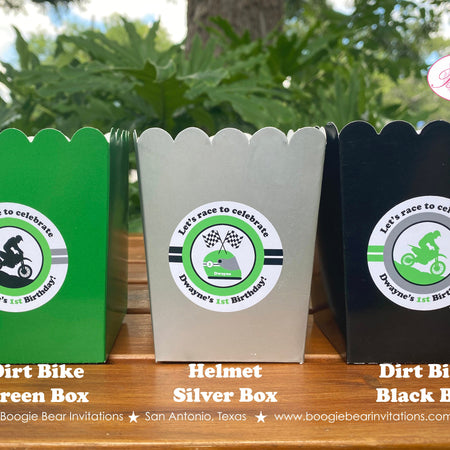 Green Dirt Bike Party Popcorn Boxes Mini Food Buffet Birthday Silver Black Racing Motocross Race Enduro Boogie Bear Invitations Dwayne Theme