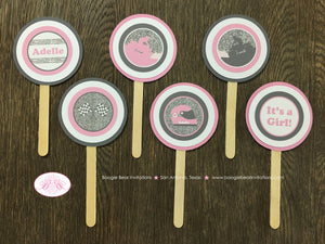 Pink ATV Baby Shower Cupcake Toppers Set Party Grey Gray Silver Glitter Girl Checkered Flag Stripe Quad Boogie Bear Invitations Adelle Theme