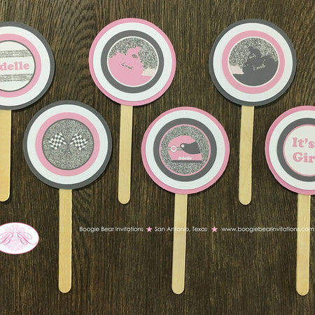 Pink ATV Baby Shower Cupcake Toppers Set Party Grey Gray Silver Glitter Girl Checkered Flag Stripe Quad Boogie Bear Invitations Adelle Theme