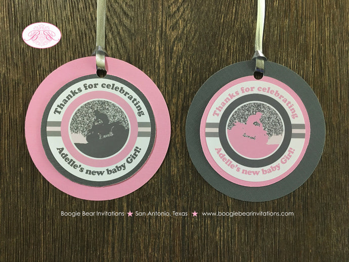 Pink ATV Baby Shower Party Favor Tags Girl Party Grey Gray Silver Glitter 4 Wheeler Stripe Quad Racing Boogie Bear Invitations Adelle Theme