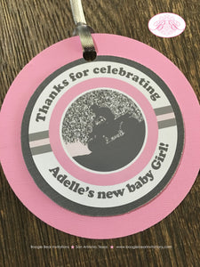 Pink ATV Baby Shower Party Favor Tags Girl Party Grey Gray Silver Glitter 4 Wheeler Stripe Quad Racing Boogie Bear Invitations Adelle Theme