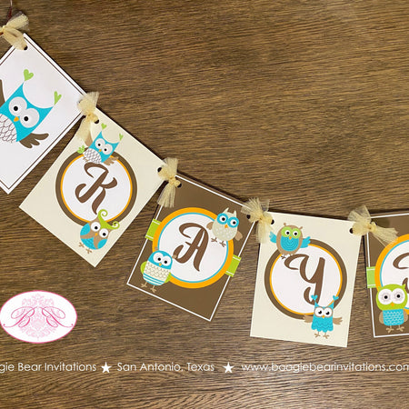 Forest Owls Party Name Banner Birthday Girl Boy Retro Woodland Birds Rustic Vintage Animals Hoot Fly Boogie Bear Invitations Kayden Theme