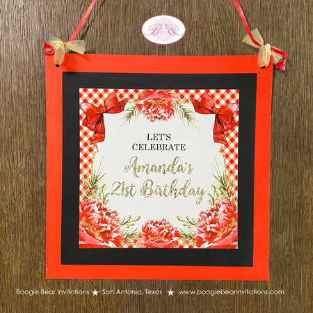 Red Gold BBQ Party Door Banner Birthday Picnic Flower Gingham Flowers Christmas Holiday Winter Peony Boogie Bear Invitations Amanda Theme