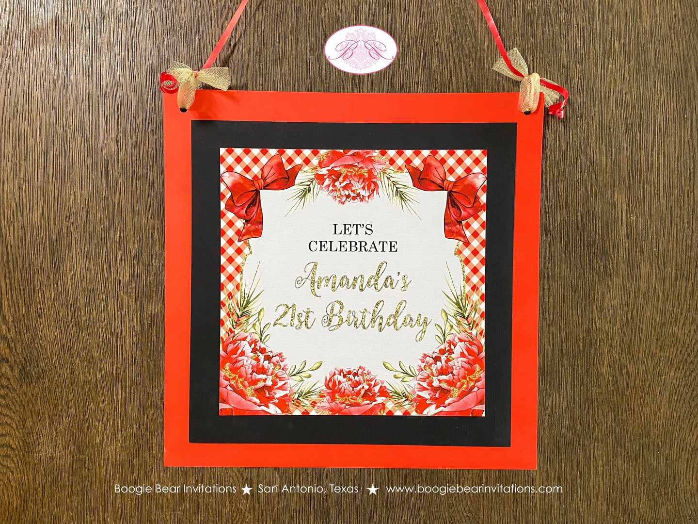 Red Gold BBQ Party Door Banner Birthday Picnic Flower Gingham Flowers Christmas Holiday Winter Peony Boogie Bear Invitations Amanda Theme