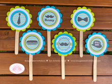 Load image into Gallery viewer, Mustashe Bash Baby Shower Party Package Little Man Boy Lime Green Aqua Blue Cheveron Comb Bowler Top Hat Boogie Bear Invitations Remy Theme