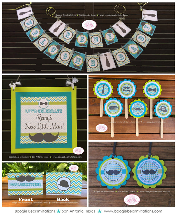Mustashe Bash Baby Shower Party Package Little Man Boy Lime Green Aqua Blue Cheveron Comb Bowler Top Hat Boogie Bear Invitations Remy Theme