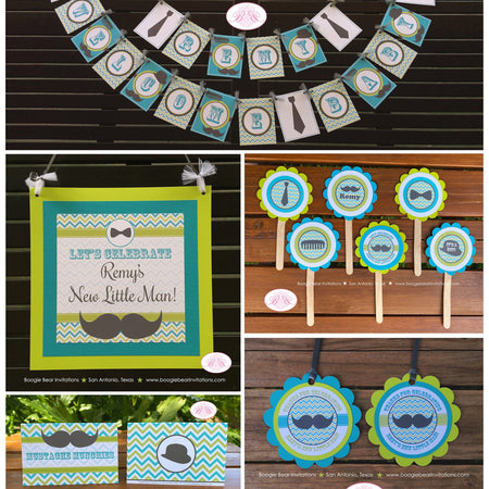 Mustashe Bash Baby Shower Party Package Little Man Boy Lime Green Aqua Blue Cheveron Comb Bowler Top Hat Boogie Bear Invitations Remy Theme