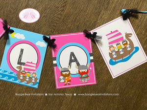 Viking Warrior Birthday Party Name Banner Pink Girl Ocean Set Sail Ship Boat Norse Fighter Medieval Armor Boogie Bear Invitations Hela Theme