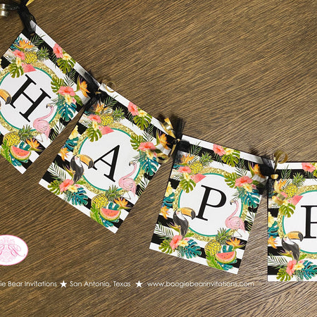 Tropical Paradise Happy Birthday Banner Flamingo Toucan Pineapple Party Black Gold Teal Green Girl Aloha Boogie Bear Invitations Olina Theme