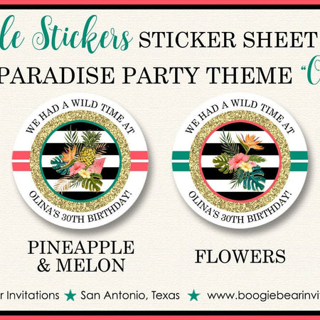 Tropical Paradise Party Stickers Circle Sheet Birthday Flamingo Toucan Black Gold Girl Teal Green Coral Boogie Bear Invitations Olina Theme