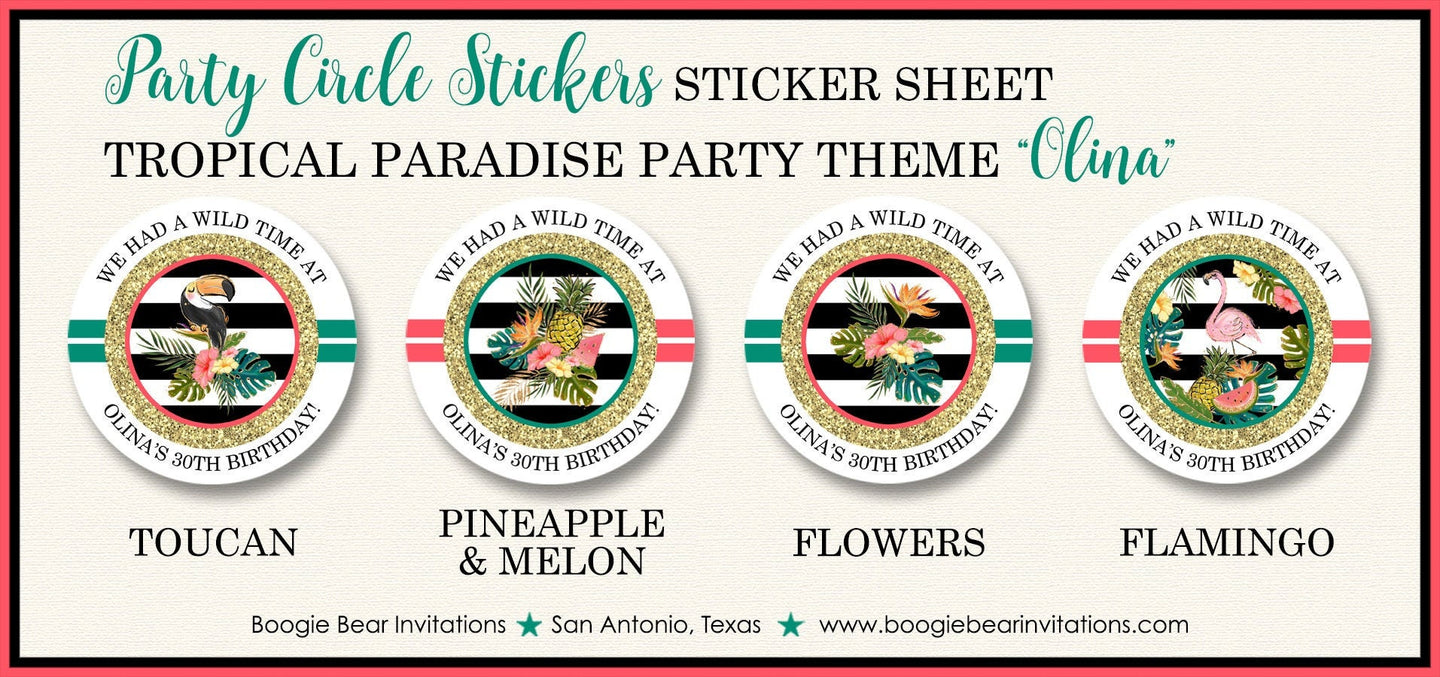 Tropical Paradise Party Stickers Circle Sheet Birthday Flamingo Toucan Black Gold Girl Teal Green Coral Boogie Bear Invitations Olina Theme