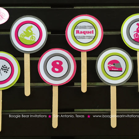 Dirt Bike Birthday Party Cupcake Toppers Set Girl Pink Lime Green Grey Enduro Motocross Motorcycle Race Boogie Bear Invitations Raquel Theme