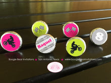 Load image into Gallery viewer, Dirt Bike Circle Candy Sticker Sheet Party Birthday Pink Lime Green Enduro Motocross Motorcycle Race Boogie Bear Invitations Raquel Theme