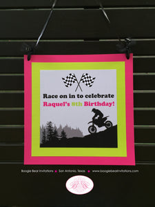 Pink Dirt Bike Birthday Party Package Racing Girl Checkered Flag Black Lime Motocross Enduro Motorcycle Boogie Bear Invitations Raquel Theme