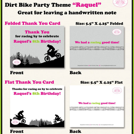 Dirt Bike Birthday Party Thank You Card Pink Girl Green Black Enduro Motocross Motorcycle Race Boogie Bear Invitations Raquel Theme Printed