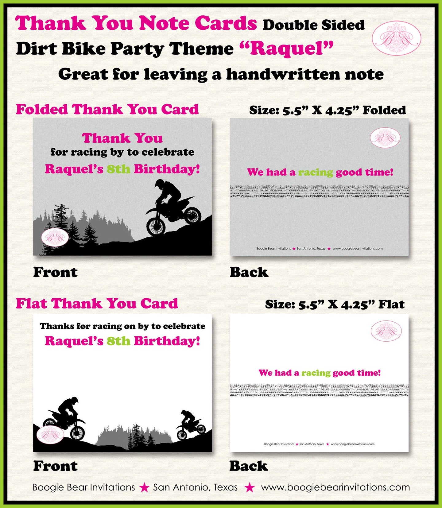 Dirt Bike Birthday Party Thank You Card Pink Girl Green Black Enduro Motocross Motorcycle Race Boogie Bear Invitations Raquel Theme Printed